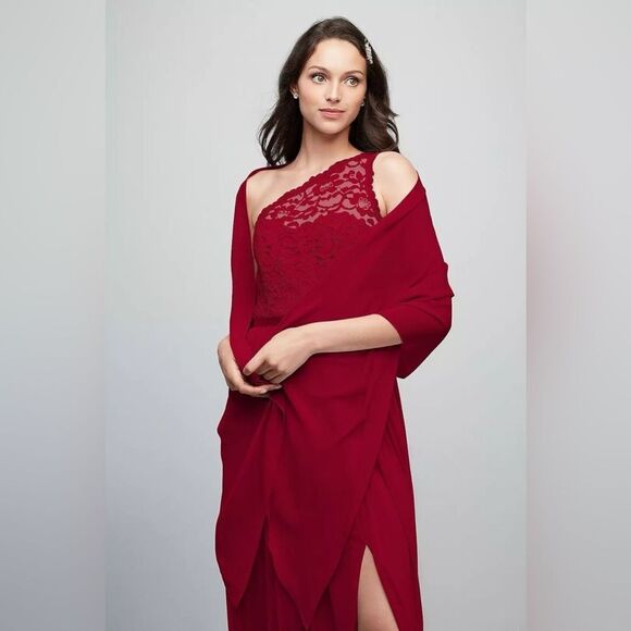 David's Bridal One Shoulder Lace Bodice Long Maxi Dress Size 22 Apple Red - Picture 8 of 14